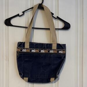 My Maine blue tan vintage canvas cotton cat kitty small zip top tote bag vtg
